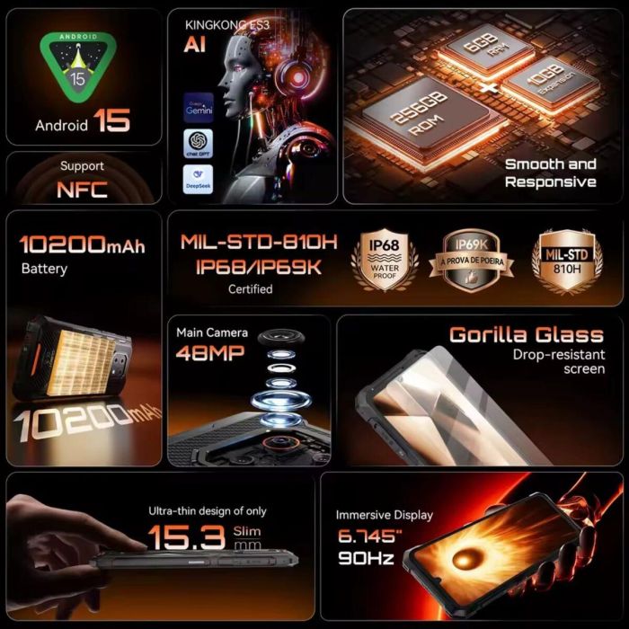 Cubot KingKong ES 3 Smartphone Rugerizado 6GB RAM 256GB Almacenamiento Batería 10200mAh Pantalla 6.74" HD+ 90Hz Android 15 5 Cubot KingKong ES 3 Smartphone Rugerizado 6GB RAM 256GB Almacenamiento Batería 10200mAh Pantalla 6.74" HD+ 90Hz Android 15 5