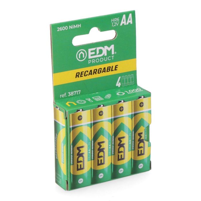 Edm Pila Recargable Eco-Series HR6 AA 2600 mAh 1.2V Ø14.5 x 50.5 mm 4 Unidades 0 Edm Pila Recargable Eco-Series HR6 AA 2600 mAh 1.2V Ø14.5 x 50.5 mm 4 Unidades 0