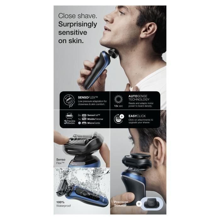 Braun BRA4210201432968 Afeitadora Eléctrica Serie 6 61-B1200s, 50 min Autonomía, Resistente al Agua, Negro/Azul 4