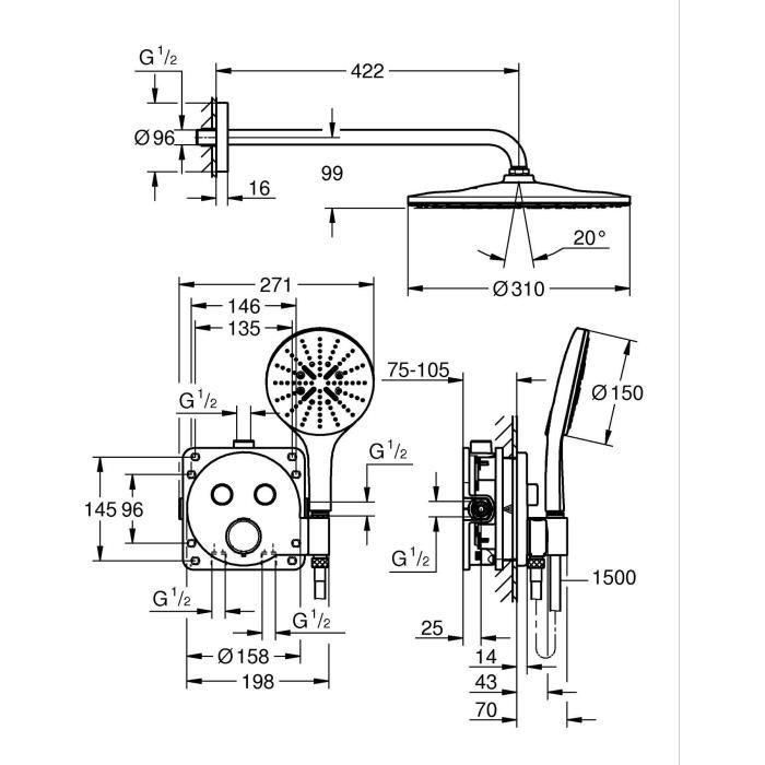 GROHE 34877000 Conjunto de Ducha Empotrado con Mezclador Termostático y Todo Tipo de Chorro Gris 5