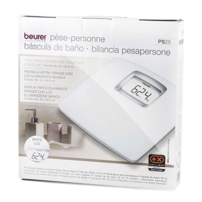 Beurer Báscula PS-25 Digital Blanca XXL Pantalla LCD Retroiluminada Extra Grande Fácil Lectura Inicio Rápido Automático
