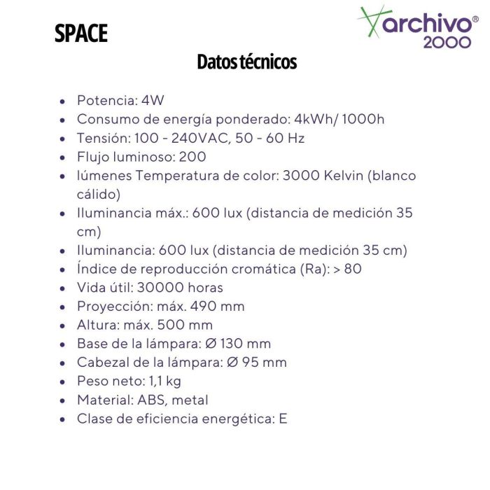 Archivo 2000 Lampara Escritorio 2000 LED 3W 200lm Luz Calida Plata Metalizado Brazo Articulado 4