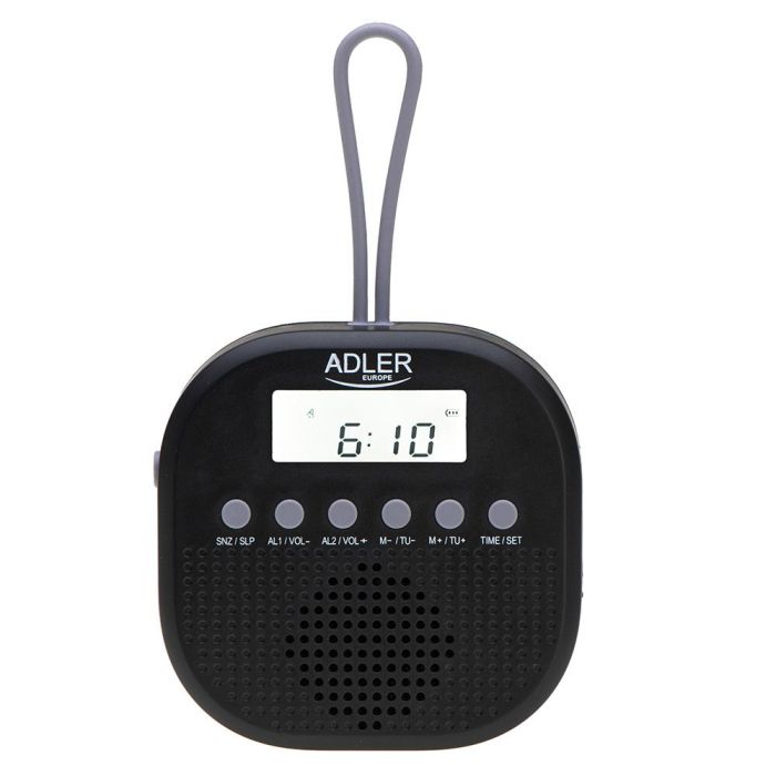 Adler Radio Portátil FM AD 1912 Resistente al Agua IPX4 con Reloj y Alarma, 9 x 9 x 2,5 cm 1