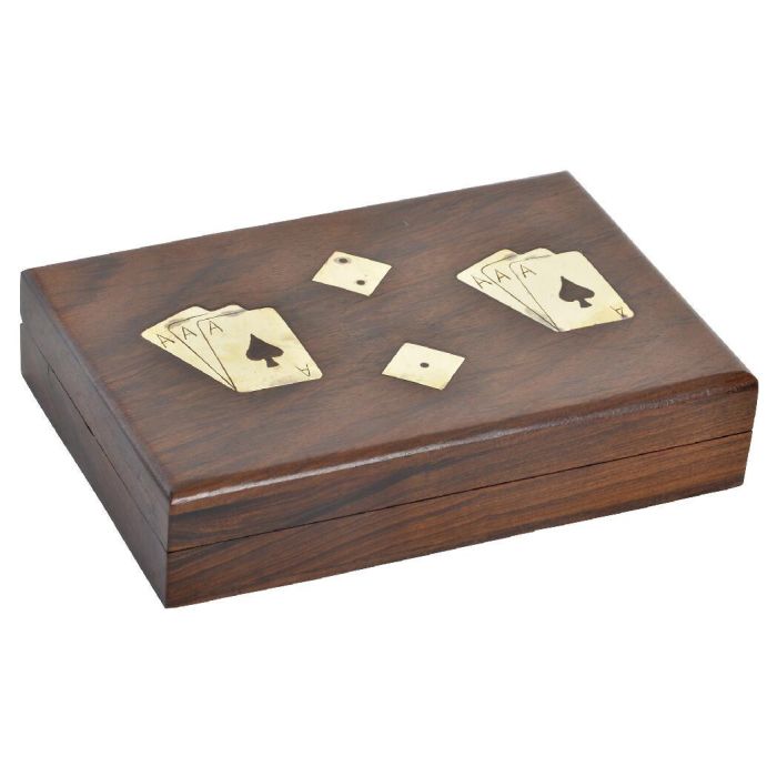 DKD Home Decor Juego Colonial de Cartas y Dados, Hecho a Mano en Sheesham y Latón, Set de 3 Piezas, Marrón Oscuro Dorado 12x4x18 cm