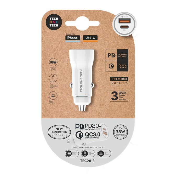 Tech One Tech Cargador mechero blanco 38W con USB-C PD 20W y USB-A QC 18W, compatible con smartphones y tablets