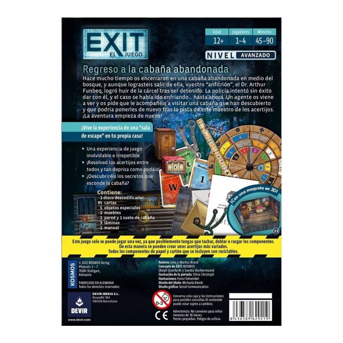 Devir Juego de Mesa Exit: Regreso a la Cabaña Abandonada - Juego de Escape Cooperativo para 1-4 Jugadores, Edad 12+ 2 Devir Juego de Mesa Exit: Regreso a la Cabaña Abandonada - Juego de Escape Cooperativo para 1-4 Jugadores, Edad 12+ 2