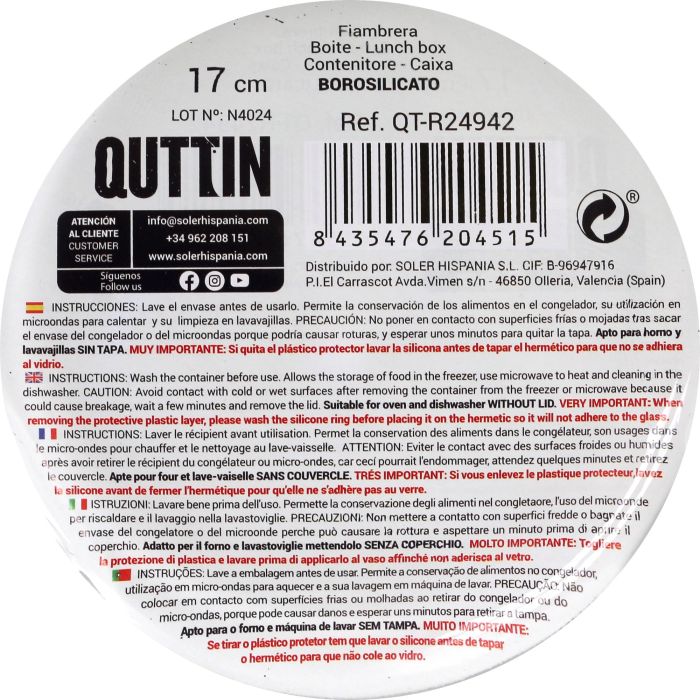 Quttin Fiambrera Redonda Hermética 17 cm 900 cc "Qt 4