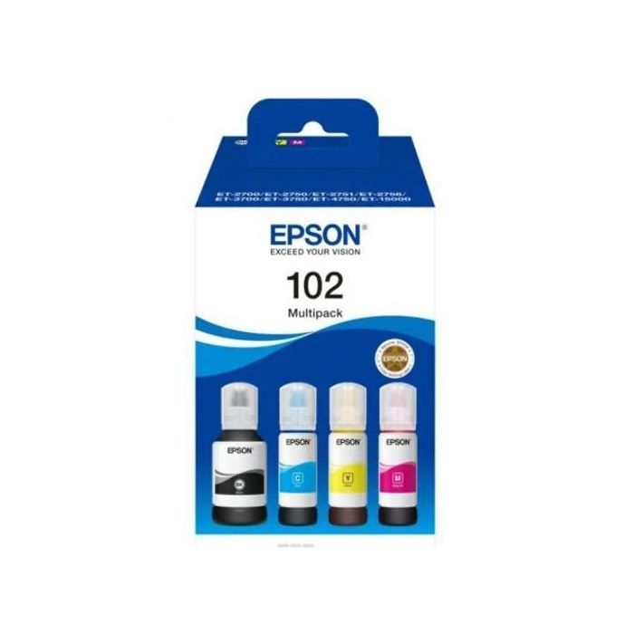 Epson Tinta Bote Negro, Cyan, Magenta, Amarillo EcoTank 102 para Et-4750, Et-3750, Et-3700, Et-2756, Et-2751, Et-2750, Et-2700, Et-15000