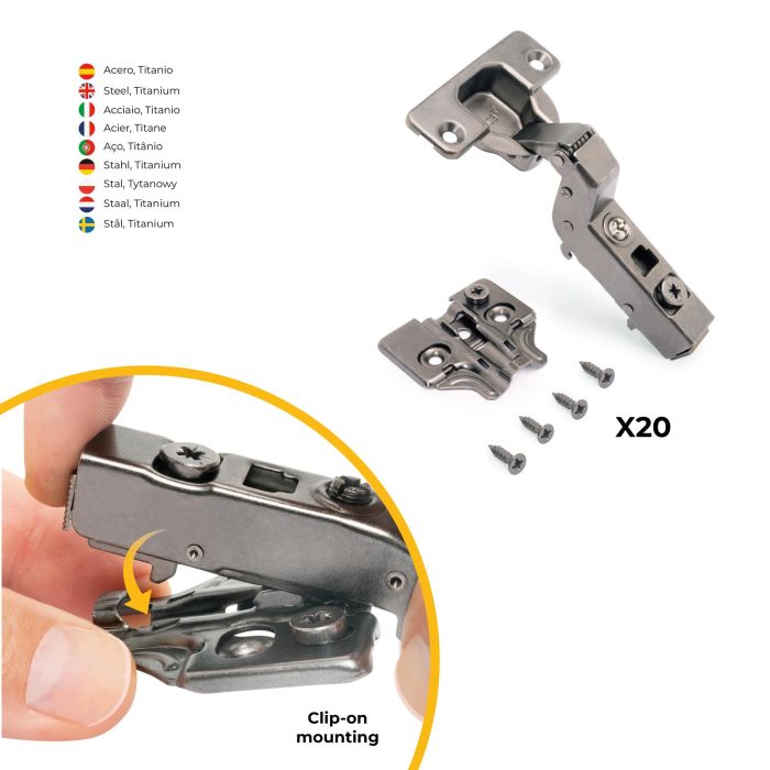 Emuca Lote de 20 bisagras supercodo X91 con cierre suave y suplementos para atornillar, Altura 0, Acero, Titanio 4 Emuca Lote de 20 bisagras supercodo X91 con cierre suave y suplementos para atornillar, Altura 0, Acero, Titanio 4