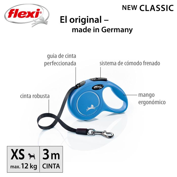 Flexi Correa New Classic Cinta Azul XS de 3 Metros, Fabricada en Plástico, Nylon y Metal. Origen: Alemania.