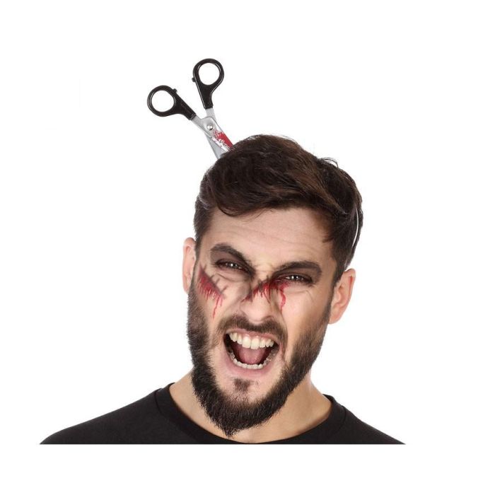 Diadema Halloween Tijeras Ensangrentadas 23x22 - Accesorio para Disfraz de Peluquero Asesino o Víctima