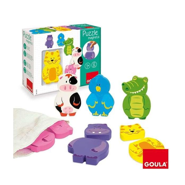 Goula Puzzle Magnético de Madera, Juego de 6 Animales con 2 Piezas Magnéticas Cada Uno, para Niños a partir de 3 Años, Incluye Bolsa de Tela