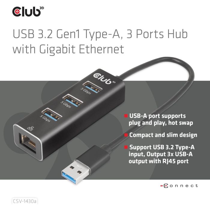 Club3D Hub USB 3.2 Gen 1 Tipo-A con 3 Puertos y Adaptador Gigabit Ethernet, Negro, Conectividad Alámbrica 3 Club3D Hub USB 3.2 Gen 1 Tipo-A con 3 Puertos y Adaptador Gigabit Ethernet, Negro, Conectividad Alámbrica 3