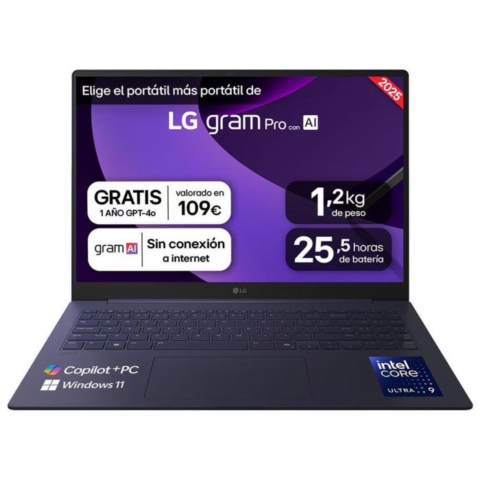 LG Portátil Gram Pro 16Z90Ts - G Intel, Pantalla WQXGA 16:10, Intel Core Ultra 9, 32GB RAM, 1TB SSD, Windows 11 Home