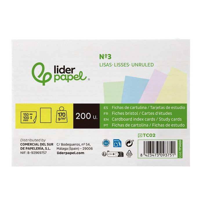 Tarjeta Liderpapel Para Estudiar Lisa Cartulina De Colores 170 gr-M2 100x150 mm Paquete De 200 Unidades 1