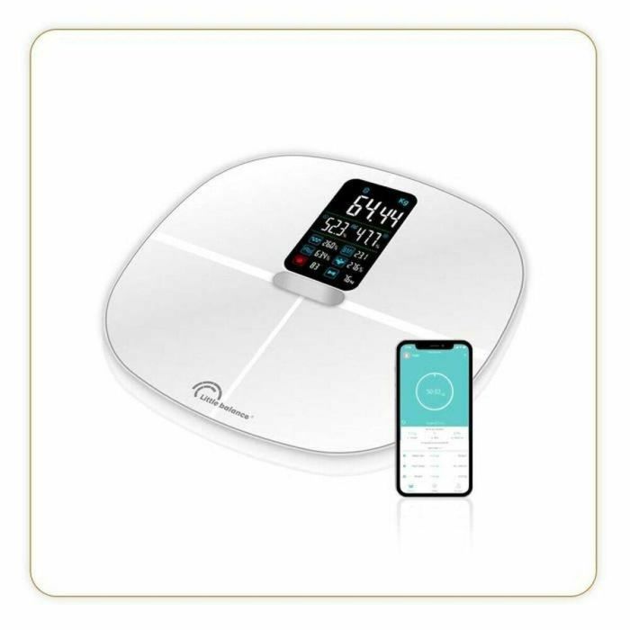 Little Balance Báscula blanca conectada 180kg / 100g Peso IMC Grasa Agua Músculos Frecuencia Cardíaca Bluetooth Pantalla XXL