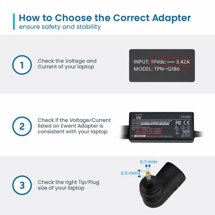 Ewent EW3968 Cargador Universal 65W para portátiles con 10 conectores. Compatible con Acer, HP, Dell, Asus, Sony, Toshiba. 1