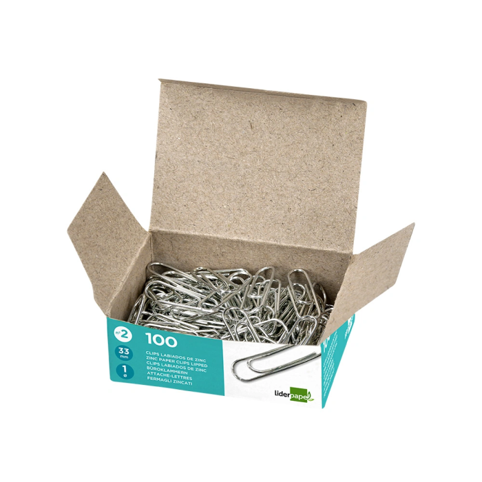 Liderpapel Clips nº2 Labiados 33 mm Caja 100 Unidades Calidad Extra Zinc 3
