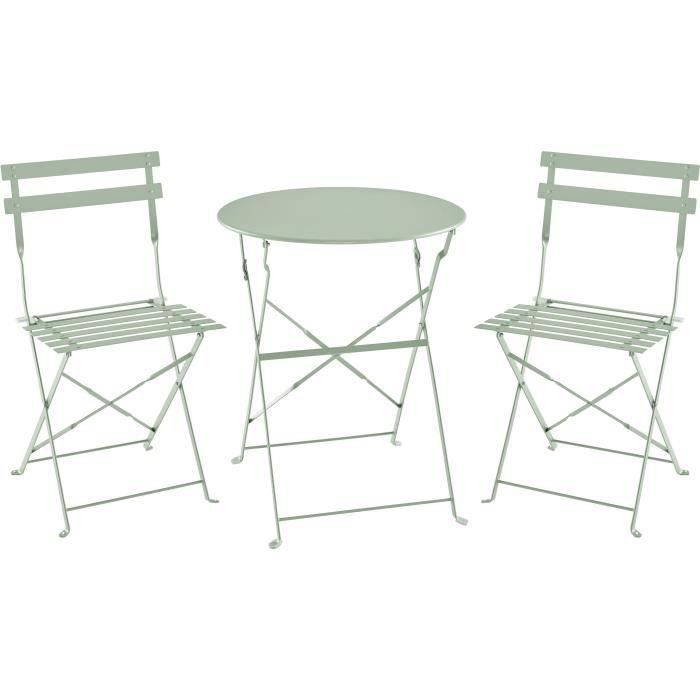 Conjunto Bistró para 2 Personas - Mesa Redonda 60x71 cm y 2 Sillas - Acero Pintado en Polvo - Color Verde Celadón 0 Conjunto Bistró para 2 Personas - Mesa Redonda 60x71 cm y 2 Sillas - Acero Pintado en Polvo - Color Verde Celadón 0