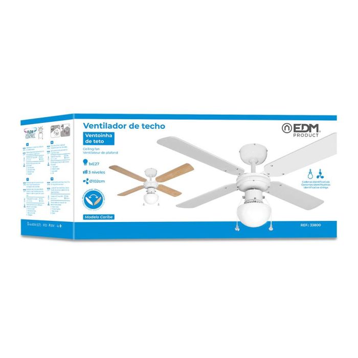 Edm Ventilador de techo modelo caribe, blanco, 50W, Ø102cm, 3 velocidades, con luz, 4 aspas 4