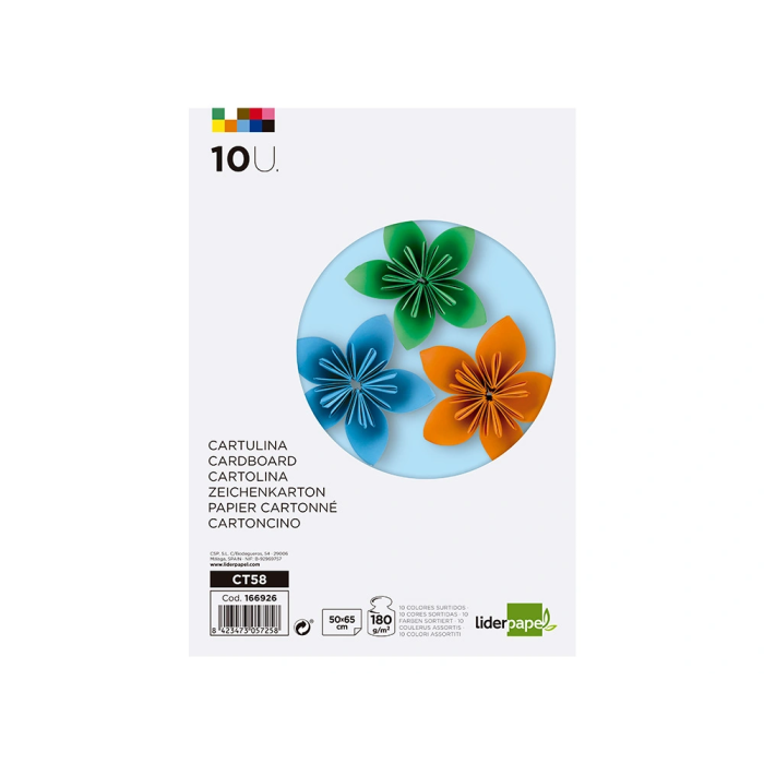 Liderpapel Cartulina 50x65 cm 180g/m2 10 Colores Surtidos Paquete 10 Hojas 1