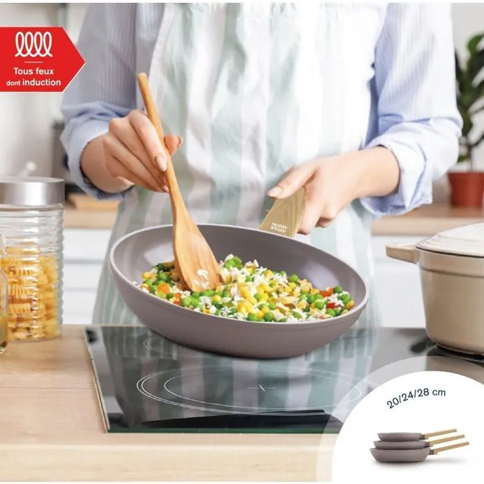 Arthur Martin Juego de 3 sartenes AM1052 aptas inducción, revestimiento cerámico Ø 20-24-28 cm, color topo 1