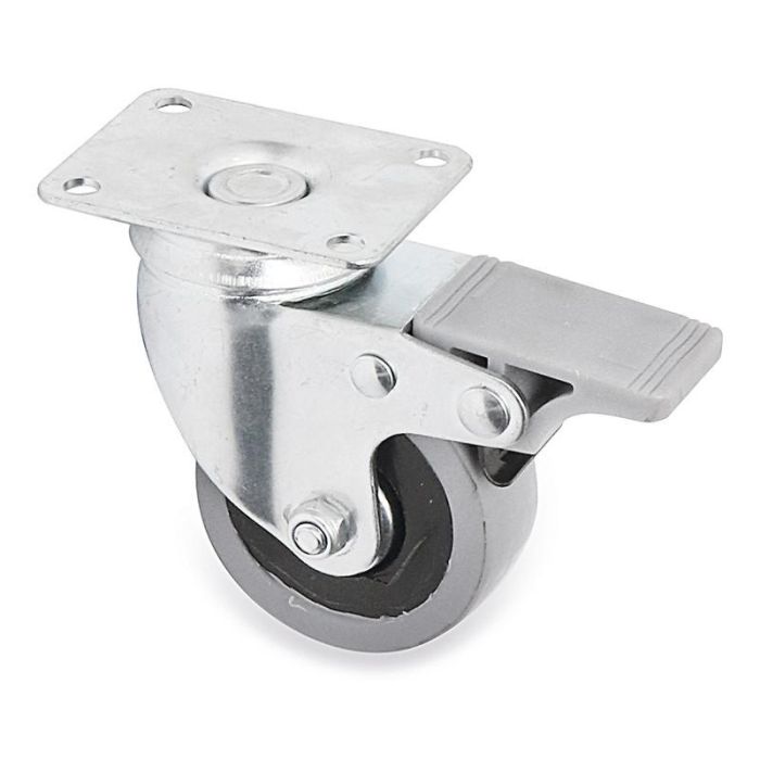 Q&Q Jade Plus Rueda Giratoria Ø60 Aro Goma Gris, Freno Integral, Placa Rectangular, 50kg Carga, Doble Hilera Bolas, Zincada