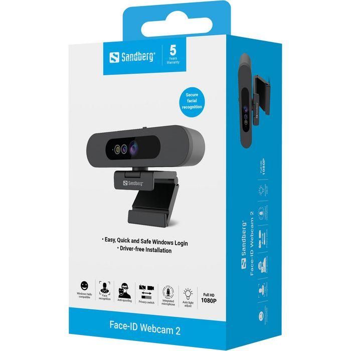 Sandberg Webcam Face-ID Full HD 1080P con Micrófono Estéreo y Reconocimiento Facial Windows Hello para Portátil 10