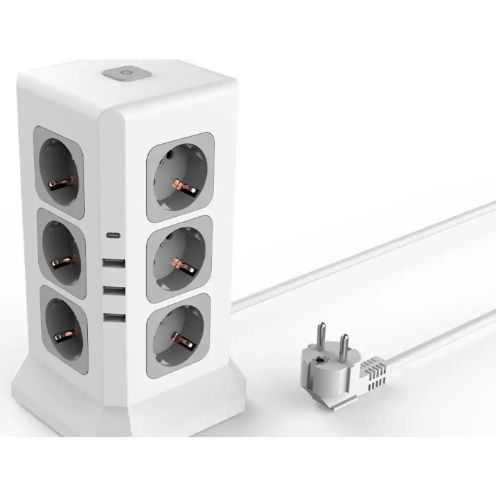 Q-connect Regleta Múltiple 16 en 1 con 12 Tomas de Corriente, 3 USB y 1 USB-C, Cable 2m, 120x120x210mm 1