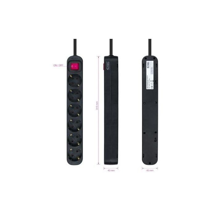 Nanocable 10.37.0006-BK Regleta de Enchufes con Interruptor, 6 Tomas de Corriente con Toma de Tierra, Cable 1.4m, Protección Infantil, 3.680W, Negra 2