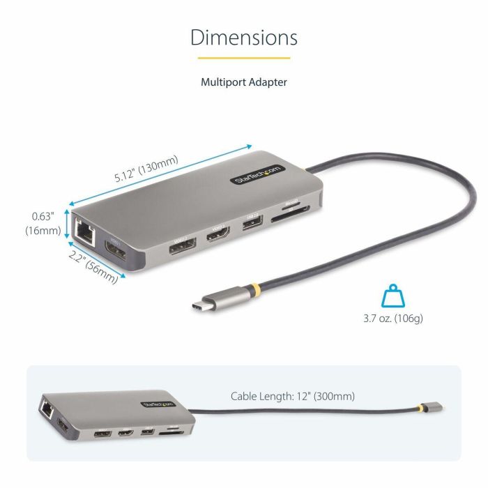 Hub USB Startech 154B-USBC-MULTIPORT Gris 100 W 3 Hub USB Startech 154B-USBC-MULTIPORT Gris 100 W 3