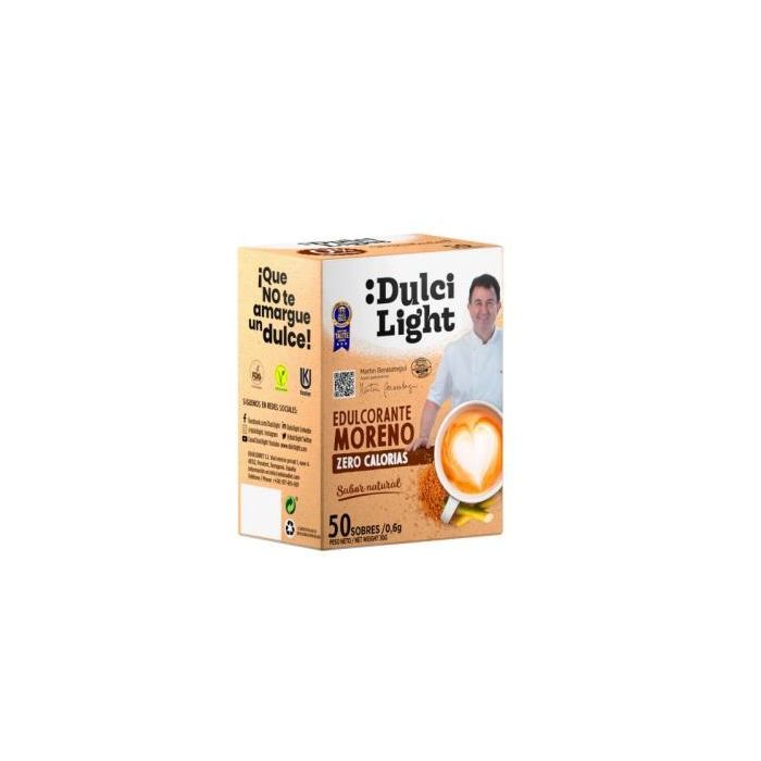 DULCILIGHT Edulcorante Moreno Azúcar Zero 50 Sobres, Cero Calorías, Vegano, Sin Gluten, Apto para Diabéticos y Keto