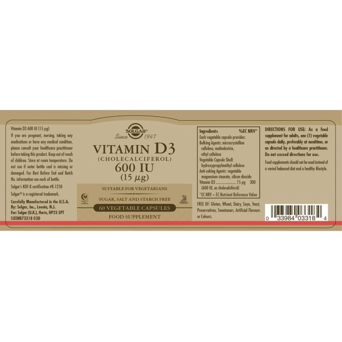 SOLGAR Vitamina D3 600 UI (15 mcg) 60 Cápsulas Vegetales 2