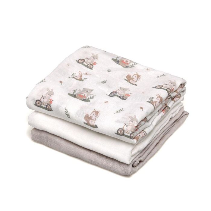 Set De 3 Muselinas Gris, Blanco Y Estampado Bosque 70x70 cm