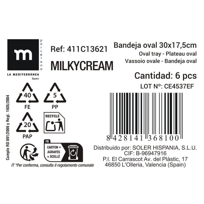La Mediterranea Bandeja Oval 30x17.5x3.2 cm, Milkycream, Ideal para Servir y Decorar (12 Unidades)