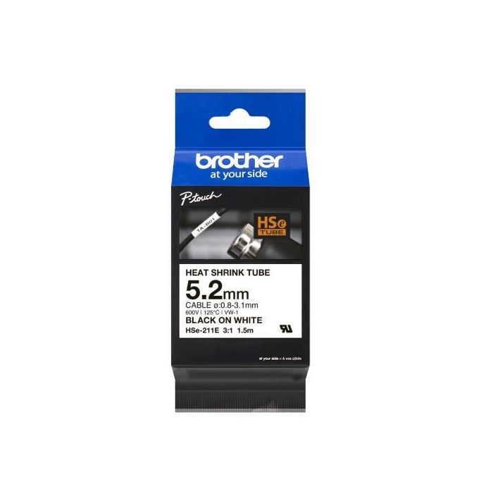 Brother Cinta Tubo Termoretráctil Negro sobre Blanco 5.2mm x 1.5m, Compatible con Rotuladoras Series HG y HGe