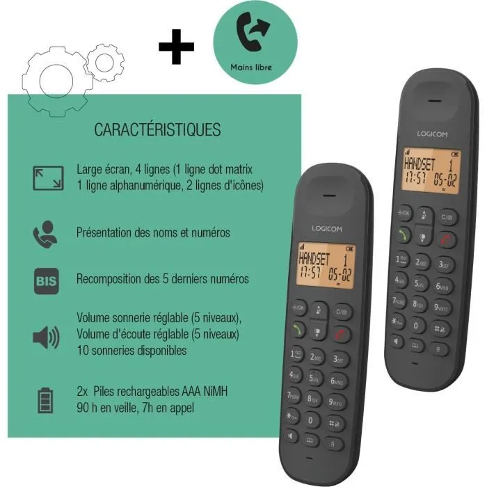 Logicom LOG1695682814656 Teléfono Fijo Inalámbrico DECT ILOA 250 DUO Negro Sin Contestador Automático