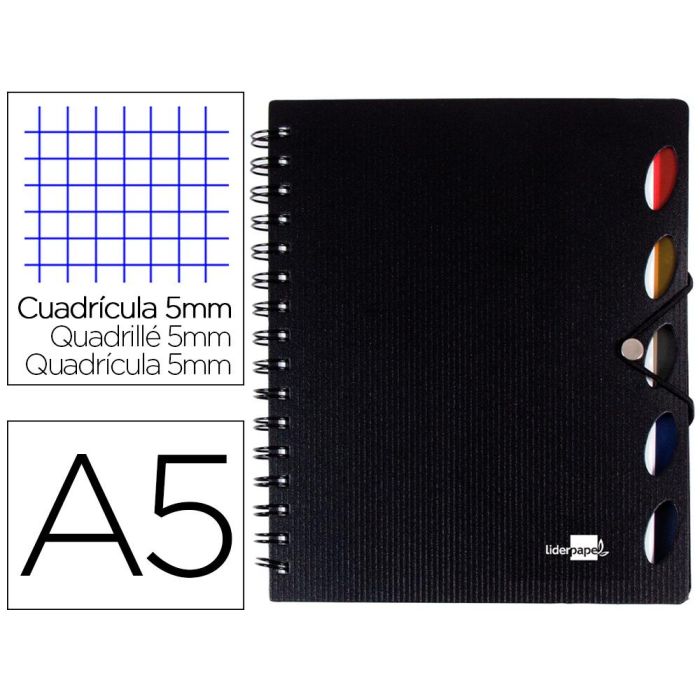 Cuaderno Espiral Liderpapel A5 Micro Executive Tapa Plastico 100H 80 gr Cuadro 5 mm 5 Separadores Con Gomilla Negro