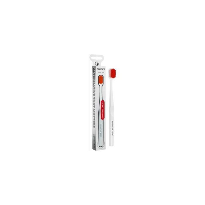 NORDICS ORAL CARE Cepillo Dental Super Soft Silk 12.000 filamentos Blanco/Rojo - Para dientes y encías sensibles, mango PLA