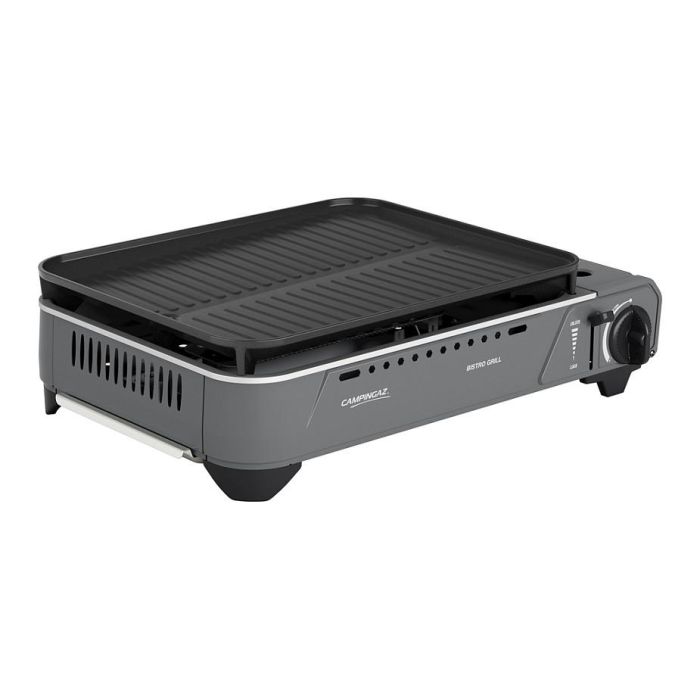 Campingaz Bistro Grill, Parrilla de Gas Portátil para Exterior 2000 W, Encendido Piezoeléctrico, Superficie Antiadherente 33.5x28 cm, Incluye Funda de Transporte