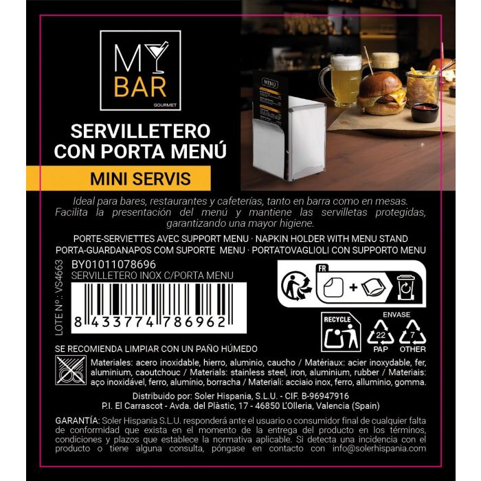 Servilletero Inox C/Porta Menu My Bar (12 Unidades) 4