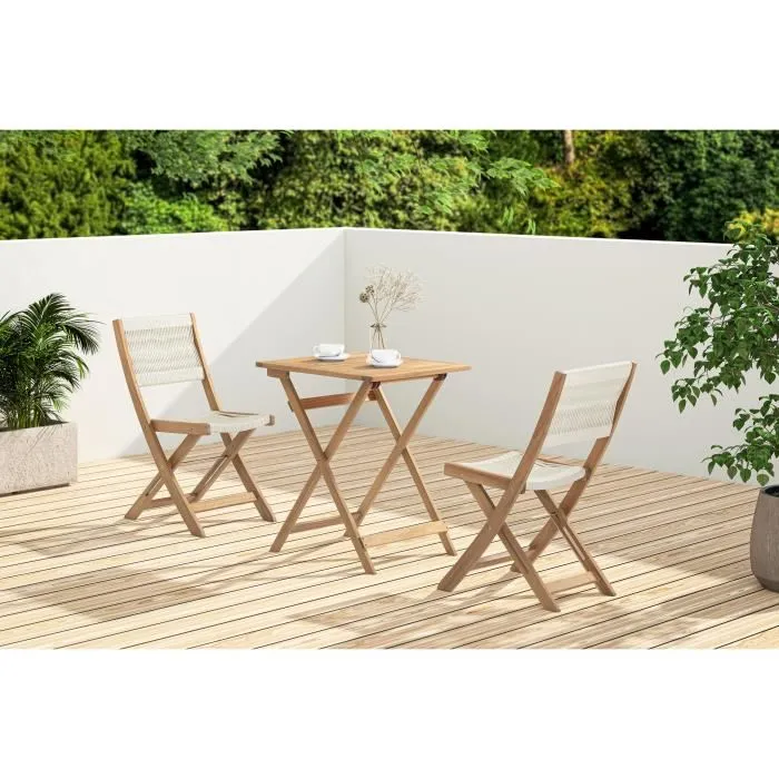 MAKENA Conjunto de bistró plegable de madera de acacia FSC con tejido de cuerda beige para 2 personas 1