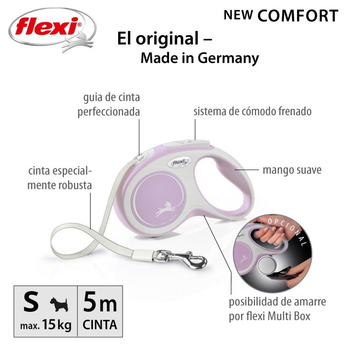Flexi Correa Retráctil New Comfort Talla S de Cinta 5 Metros Rosa con Freno Preciso y Compatible con Accesorios LED/Multi Box 0 Flexi Correa Retráctil New Comfort Talla S de Cinta 5 Metros Rosa con Freno Preciso y Compatible con Accesorios LED/Multi Box 0