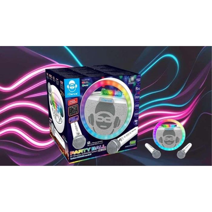 Altavoz karaoke con forma circular y luces disco. incluye 2 microfonos inhalambricos 21,5x22x15 cm 3 Altavoz karaoke con forma circular y luces disco. incluye 2 microfonos inhalambricos 21,5x22x15 cm 3