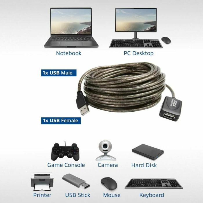 Ewent EW1023 Cable Extensor USB 2.0 Activo 20 Metros USB A Macho a Hembra Negro - Alta Velocidad 480 Mbps 2 Ewent EW1023 Cable Extensor USB 2.0 Activo 20 Metros USB A Macho a Hembra Negro - Alta Velocidad 480 Mbps 2