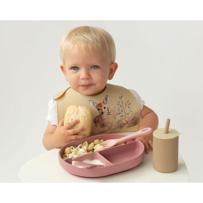 KioKids Set Cubiertos y Bandeja BLW en Silicona con Ventosa y Divisiones Rosa +6 Meses 1
