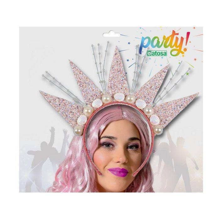 Diadema Princesa Rosa Brillante Corona Marina con Conchas y Perlas Accesorio Polyester 1