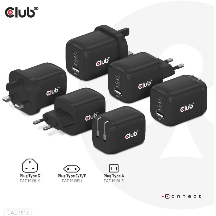 Club3D Ladegerät 2xUSB Typ C. 1xUSB Typ A. PD 65W. GaN retail 8