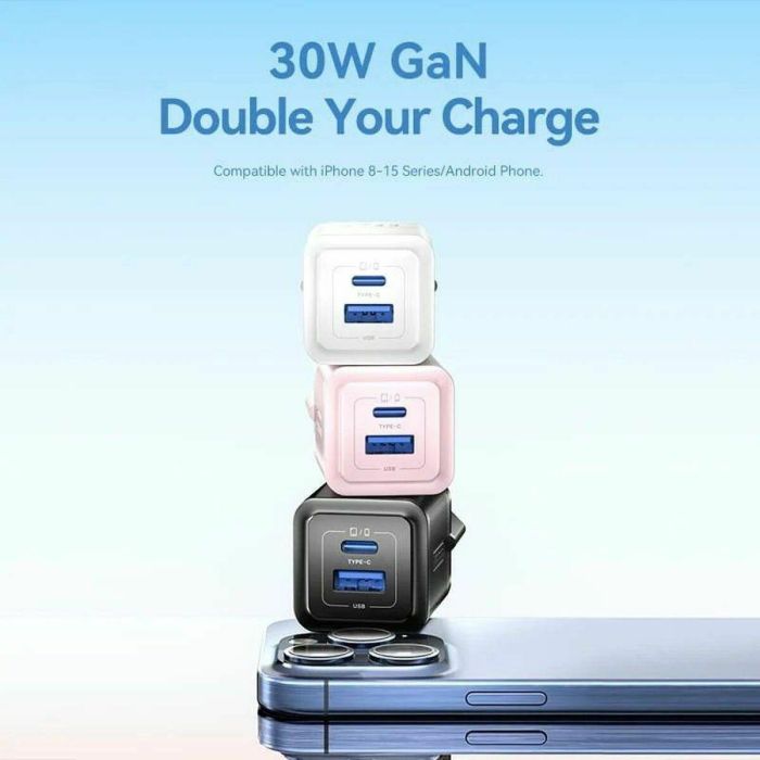Vention FEQP0-EU Cargador de Pared GaN 30W con 2 Puertos USB-C y USB-A Compatible con PD 3.0 y QC 3.0 Rosa 3