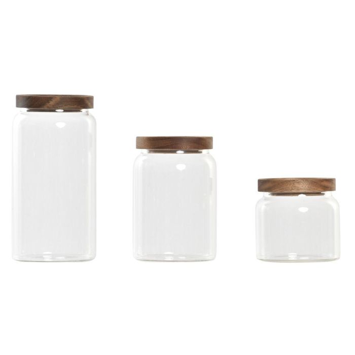 DKD Home Decor Set de 3 Botes de Almacenamiento Borosilicato y Acacia Transparente Natural, Capacidad 1L y 700ml, 20cm Alto